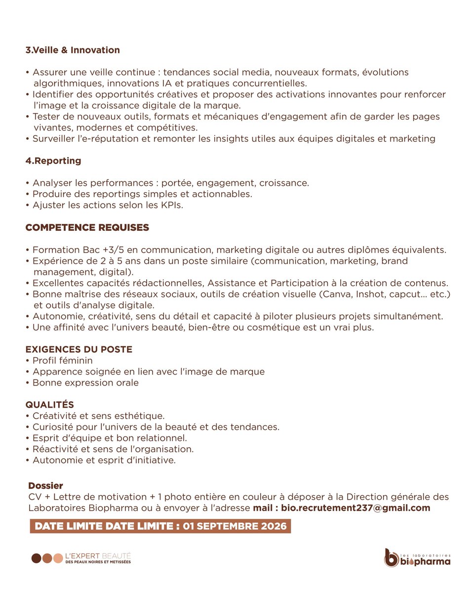 HghesSah's tweet photo. Les Laboratoires Biopharma recrutent un COMMUNITY MANAGER

Localisation : Douala
Date Limite de dépôt : 1 septembre 2025

Si vous êtes intéressée ? Vous correspondez au profil recherché ? 

Constituez votre dossier : CV + Lettre de motivation + 1 photo entière en couleur. https://t.co/aNQ5f8Vas8