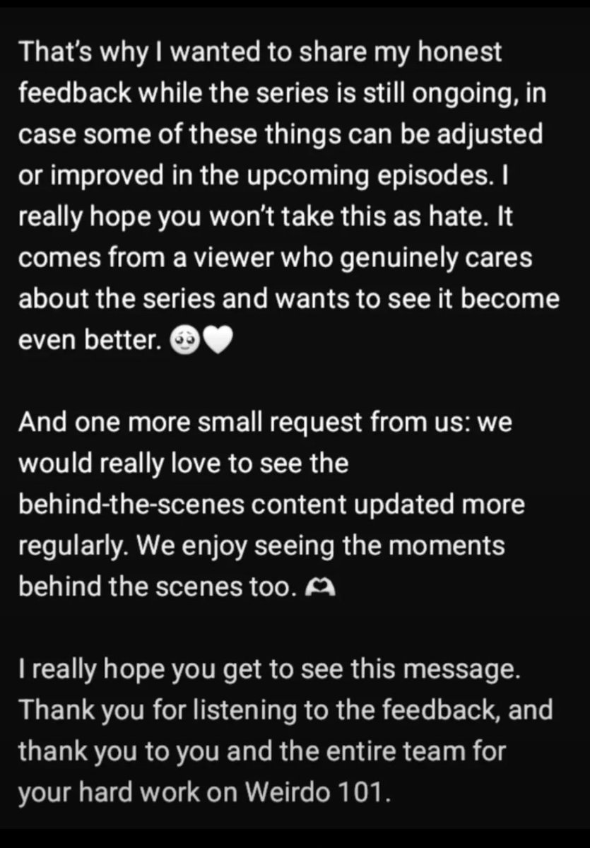 aye20056's tweet photo. Dear PChamp, @champwee 

I really hope you get to see this message. Thank you for listening to the feedback, and thank you to you and the entire team for your hard work on Weirdo 101.

With respect and love. 

#WEIRDO101Series https://t.co/28FdjG9eum