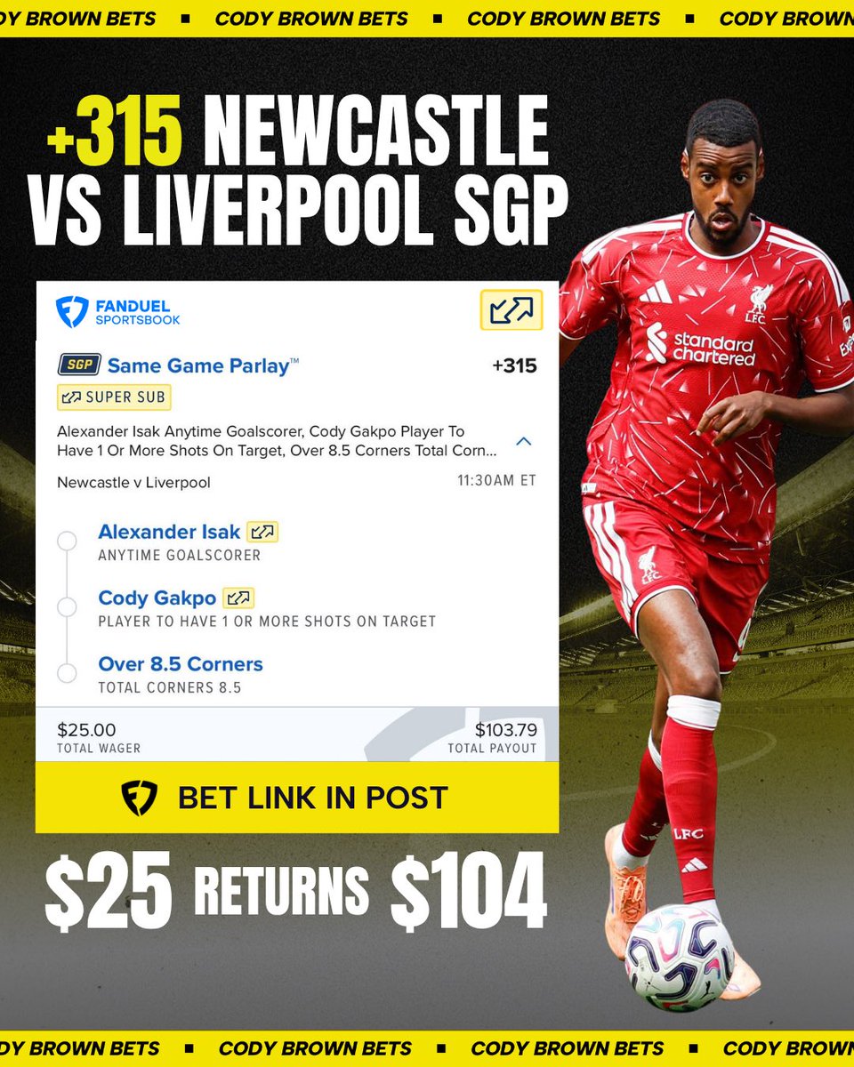 CodyBrownBets's tweet photo. ⚽️ +315 Newcastle vs Liverpool SGP

Simple three legs to get us an early dub.

🔗 Link to tail: https://t.co/ntNAlnLW2E

Make sure you tail on FanDuel with the link above to take advantage of Super Sub.

21+ Only. https://t.co/WYjjOA6wmJ