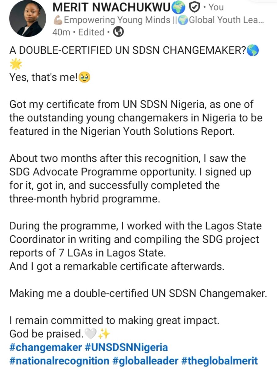 MeritNwachukwu1's tweet photo. A DOUBLE-CERTIFIED UN SDSN CHANGEMAKER?🌎🌟
Yes, that's me!🥹
#changemaker #UNSDSNNigeria #nationalrecognition #globalleader #theglobalmerit https://t.co/6Z3T9bLGNx