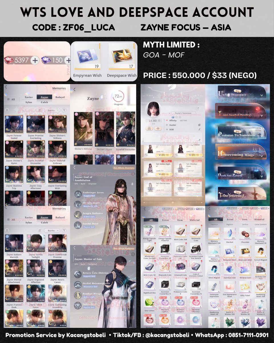 kastobeli's tweet photo. ‼️ #WTS LOVE AND DEEPSPACE ACCOUNT 
ZAYNE FOCUS – Server : Asia
► Price : 550.000 / $33 (NEGO)

✨ LIMITED MYTH : MOF - GOA

More details? check this post

#warunglads #ladstwt #LoveandDeepspace #zonauang️ #zonajajan #wtslads https://t.co/XX92liq0Il