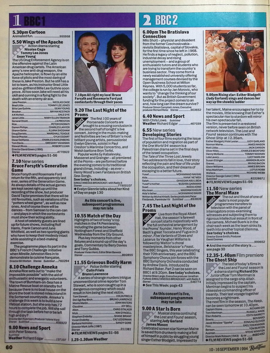 TvDidYouSee's tweet photo. #OnThisDay 10 September 1994 ๐บTV Listings
#AntAndDec sing live on PARALLEL 9 and #CyndiLauper entertains on WHAT'S UP DOC?
It's THE LAST NIGHT OF THE PROMS.
There's a new series of GLADIATORS.
A TV version of THE MORAL MAZE.
#BruceForsyth's GENERATION GAME returns. https://t.co/V1EbFnF0kz