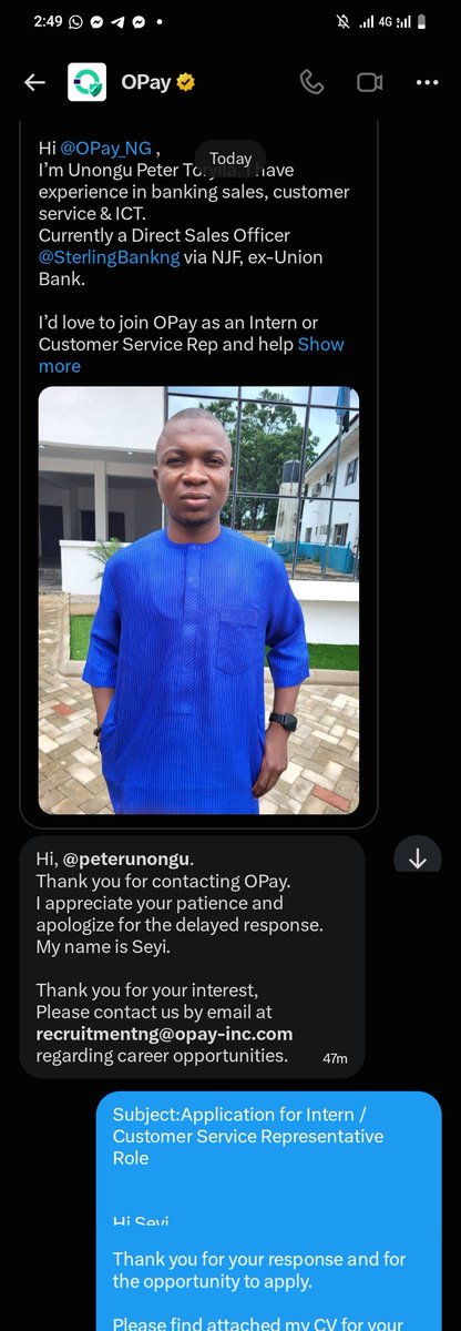 peterunongu's tweet photo. Excited to share that OPay has invited me to apply for a role on their team.

Thank you God for opening doors. 
I’ll appreciate your prayers as I go through the application process — that I scale through and represent well. https://t.co/opP6SkrjQF
