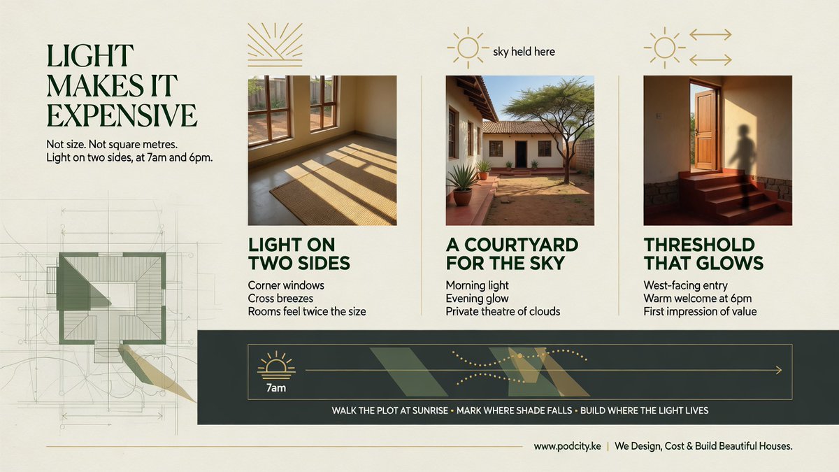 dnahinga's tweet photo. What makes a house feel expensive isn't the size.

It's the light. Think of well lit rooms throughout the day. Light on two sides or through right-angle corner windows. A courtyard that holds the sky. A threshold that glows warm as you approach.

I've seen modest homes feel grand because someone thought about how light enters at 7am and 6pm before they poured a single foundation.

Before you clear the plot, walk it at sunrise. Mark where the shade falls. Build where the light lives.

https://t.co/tCoYw7Tq4S
