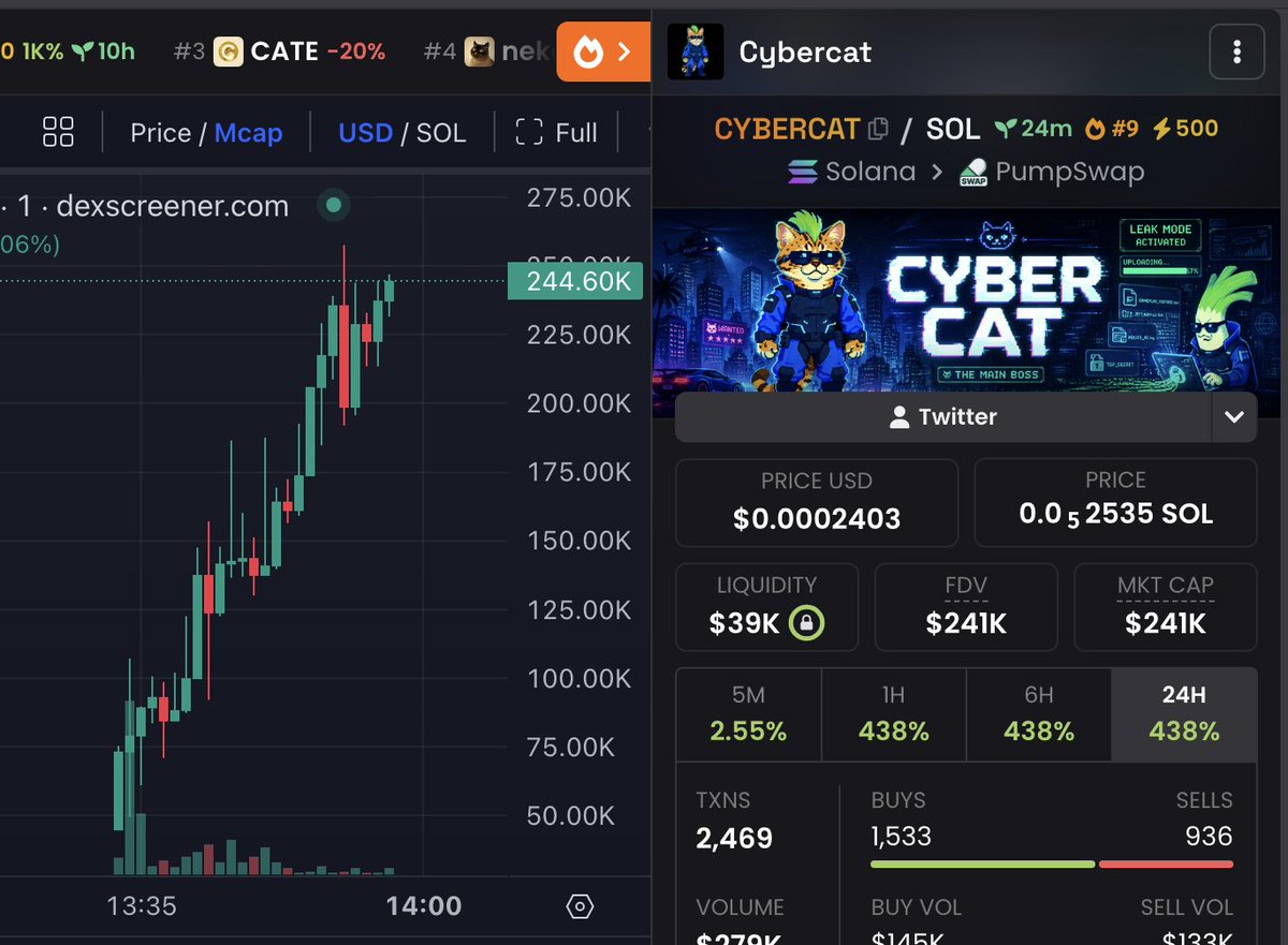 WhaleScan's tweet photo. i’m sending total of $10,000.00 $CYBERCAT to the first 333 people who follow and retweet💵💵💵

Drop your #SOL wallet address

I made $200k with $cyberleek because i was early and now i am buying $cybercat which just went live!

ca- 9HHTQ7YMx82E987cNqF9KczyZrfKgqvKNyA2yHSVpump https://t.co/GgdITU9HfF