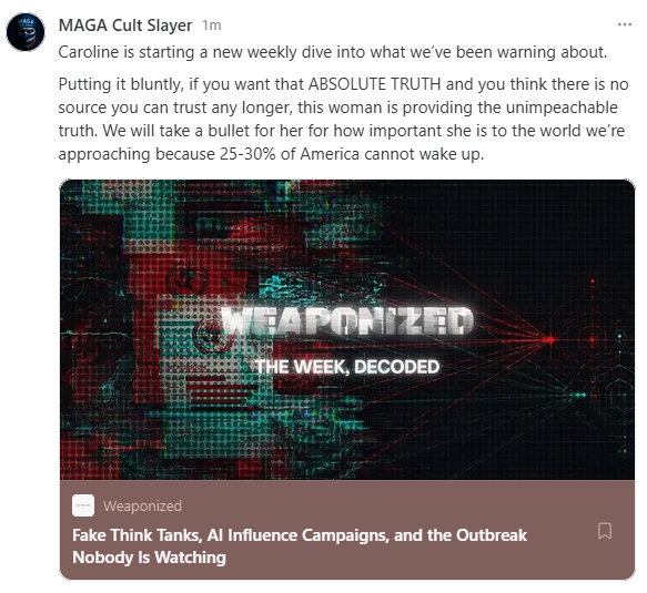 MAGACult2's tweet photo. Caroline is starting a new weekly dive into what we’ve been warning about. THIS IS HIGHLY RECOMMENDED READING.

Putting it bluntly, if you want the ABSOLUTE TRUTH and you think there is no source, you're wrong. Here it is. Subscribe/follow her. @RVAwonk 
https://t.co/mEF5AyWqPj https://t.co/EkZ9rsb8Fv