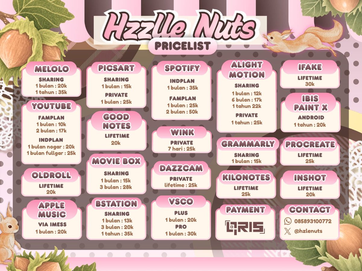 hzlenuts's tweet photo. @llawlietty hii kak 🐿️🎀 kebetulan aku jual juga nihh! kalau berkenan boleh cek pricelist aku yaa 🫧

mau tanya-tanya dulu juga bolehh, langsung DM atau chat WA aku yaa 💌
https://t.co/YwPrRQzhd6

𐙚 ada loyalty card juga♡ https://t.co/LfNTPLsHbf