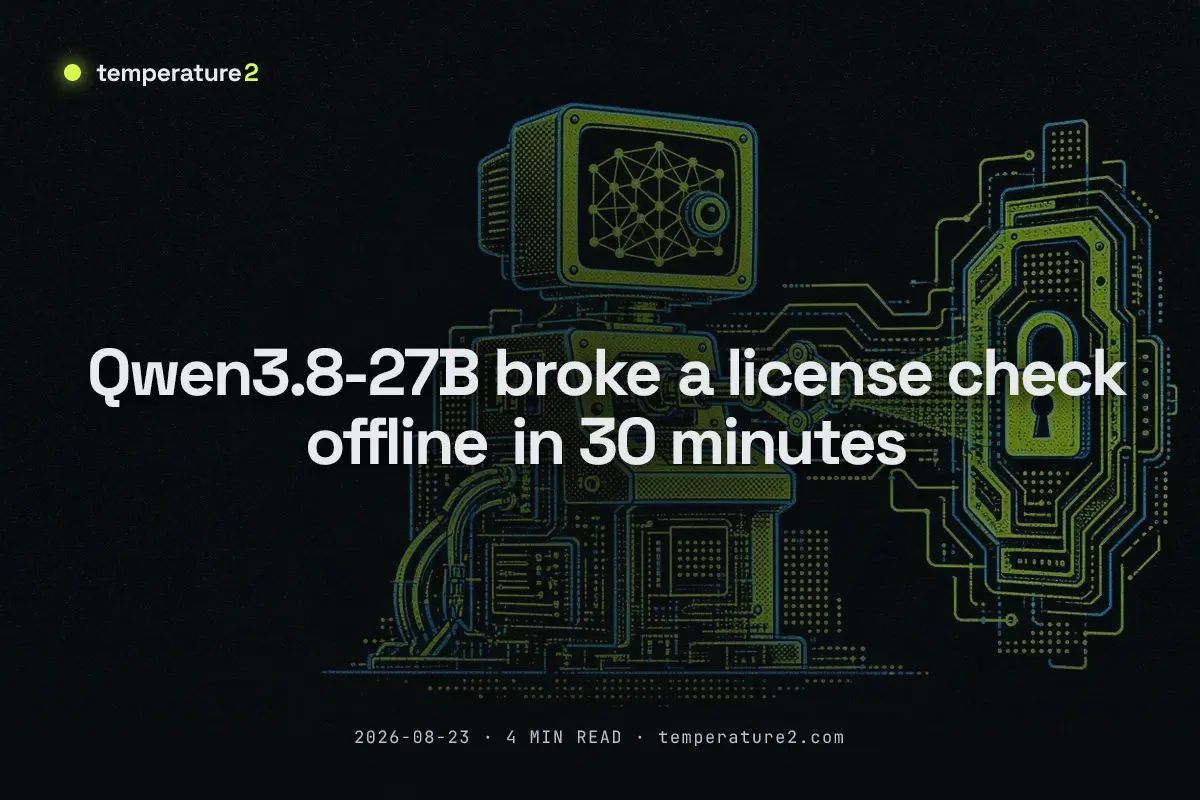Temperatur2com's tweet photo. Qwen3.8-27B broke a license check offline in 30 minutes

A 27B open-weights model reverse-engineered a commercial app's license system in 30…

Why it matters, in 2 minutes ↓
https://t.co/Q0m2Eiqb4P

#AI #HuggingFace https://t.co/XsvCY6U2As