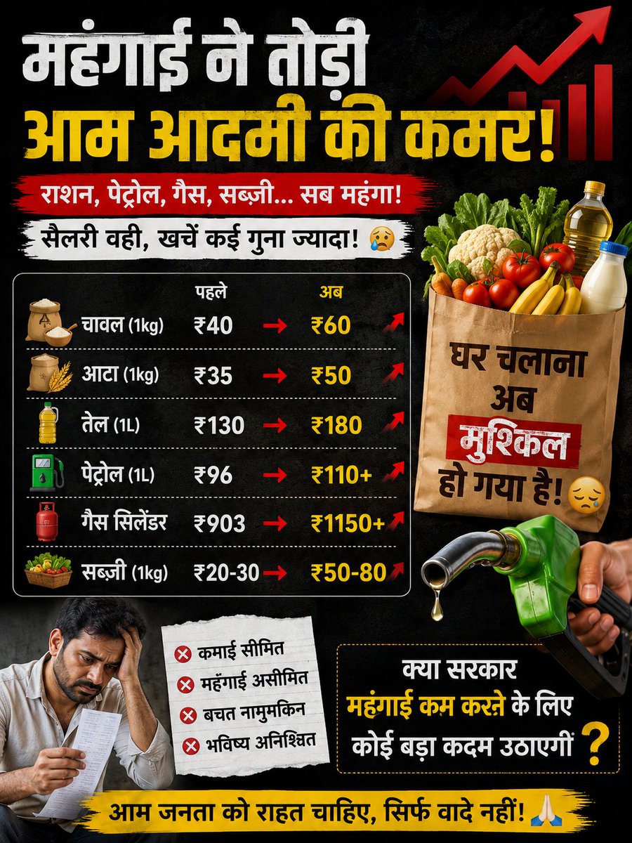 ChetanC940's tweet photo. @narendramodi जी, महंगाई का असर आम आदमी की रोज़मर्रा की ज़िंदगी पर लगातार बढ़ रहा है। राशन, पेट्रोल-डीज़ल और जरूरी सामान के दामों पर राहत कब तक मिलेगी? 🙏🇮🇳

आम जनता की आवाज़ पर आपका जवाब जानना चाहता हूँ।
#महंगाई #AamAadmi https://t.co/NeLDb6rjfB