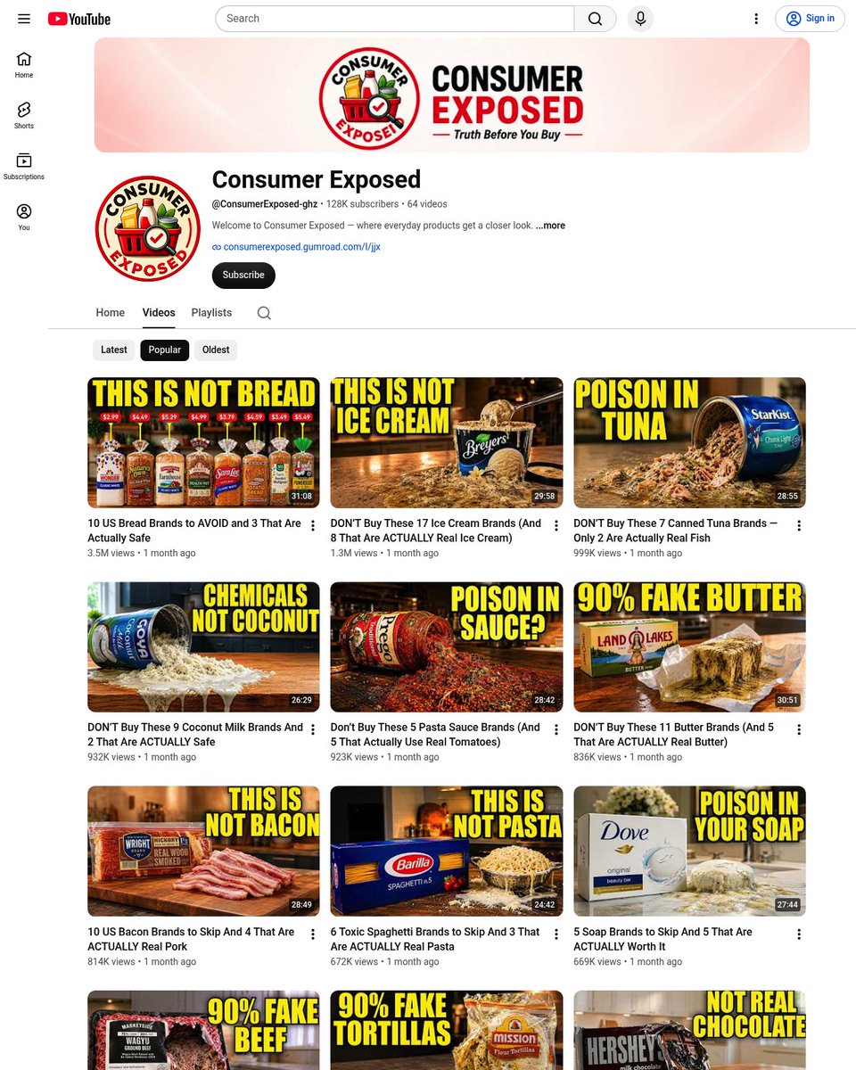 seeqyt's tweet photo. $66K in under 2 months from a channel exposing fake food brands 💀

55 videos, 16M views, and it just started in June

Basically "this grocery store product is lying to you" content for every category imaginable

Someone go run this right now https://t.co/fVI7BP5nhj