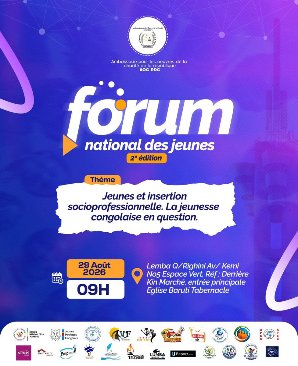 alexandrembolo's tweet photo. Forum national des jeunes à Kinshasa 
L'ambassade pour les œuvres de la charité de la République AOC RDC organise le forum national des jeunes à Kinshasa, ce samedi 29 août 2026 à 9h https://t.co/uDL0N0JQzV