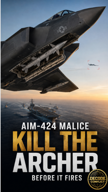 DecodeConflict's tweet photo. THE AIM-424 “MALICE”: AMERICA’S NEW LONG-RANGE AIR-DOMINANCE WEAPON

The U.S. Navy has officially revealed the AIM-424 Long-Range Air-to-Air Missile, known as “Malice.”

The weapon is already undergoing flight testing and is being developed for the F/A-18E/F Super Hornet, F-35 and future F/A-XX fighter. Navy imagery shows it fitting inside the F-35C’s internal weapons bay, preserving the aircraft’s stealth.

Its exact range, speed, seeker and propulsion remain classified. What the Navy has confirmed is more important: the AIM-424 is designed to increase range, lethality and combat effectiveness against advanced threats.

The strategic target is not merely another fighter.

In a Pacific conflict, Chinese bombers could launch long-range anti-ship missiles before approaching an American carrier group. Tankers, airborne-warning aircraft and command platforms would operate behind fighter screens while extending the reach of the entire Chinese air campaign.

Malice is intended to push the engagement line outward—allowing American fighters to threaten those high-value aircraft before they can direct or launch attacks.

This changes fleet defense from intercepting incoming missiles to destroying the aircraft carrying them.

Decode Conflict Assessment:

The AIM-424 will be most powerful when connected to offboard sensors. An F-35 may launch the missile without activating its own radar, using targeting information from another fighter, an E-2D Hawkeye, a ship or a space-based sensor.

That combination of stealth, networking and extreme-range engagement could allow American aircraft to strike first while remaining difficult to detect.

But range alone does not guarantee victory. The missile must resist jamming, receive reliable targeting updates and identify maneuvering aircraft across enormous distances. Production capacity will matter just as much as performance.

The AIM-424 is not simply replacing AMRAAM.

It is giving America a weapon designed to kill the archer before the archer releases the arrow.

Sources: U.S. Navy

Decode Conflict