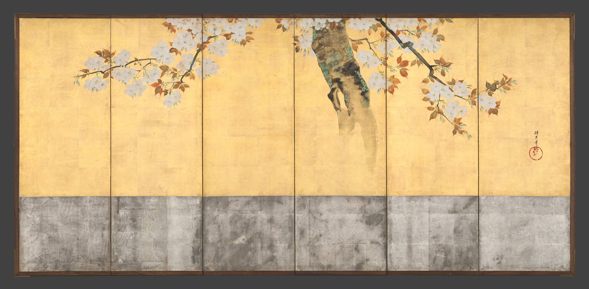 NihonBijutsushi's tweet photo. 酒井 抱一　さかい ほういつ　Sakai Hōitsu　1761–1829

《桜図屏風》
さくらずびょうぶ
Blossoming Cherry Trees

1805年頃・江戸時代
金地の紙に彩色・屏風6曲1双
ニューヨーク・メトロポリタン美術館 https://t.co/fC4gaNggfC
