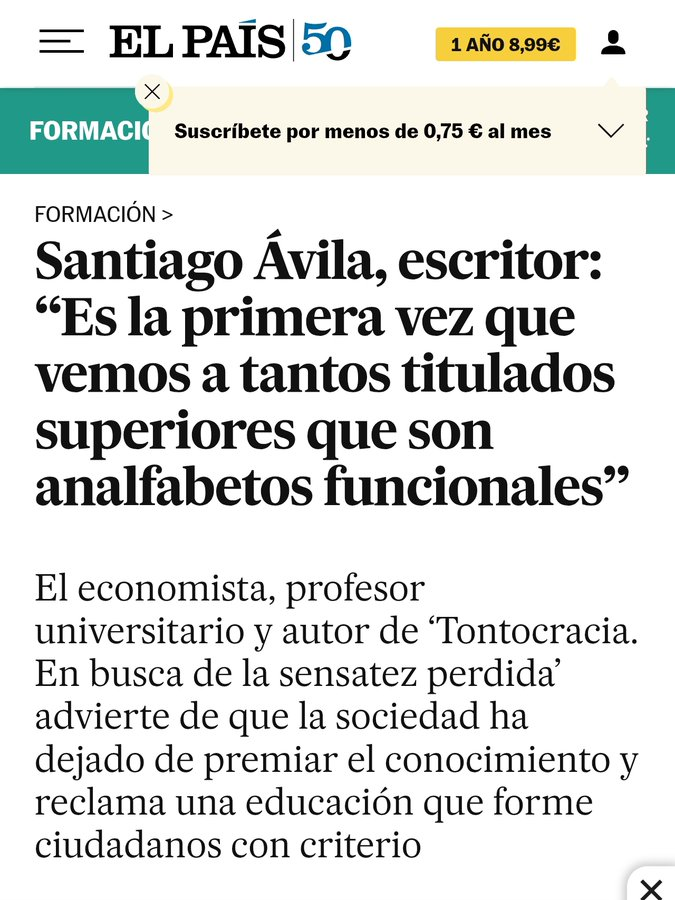 virginiog's tweet photo. Santiago Ávila  Libro Tontocracia  “Vemos a tantos titulados superiores que son analfabetos funcionales” 

Sin base cultural ni pensamiento crítico las redes se convierten en amplificadores de este fenómeno y triunfa la banalidad, apariencia o mediocridad https://t.co/lNaPgC5UWv https://t.co/rrY4N5hsHX