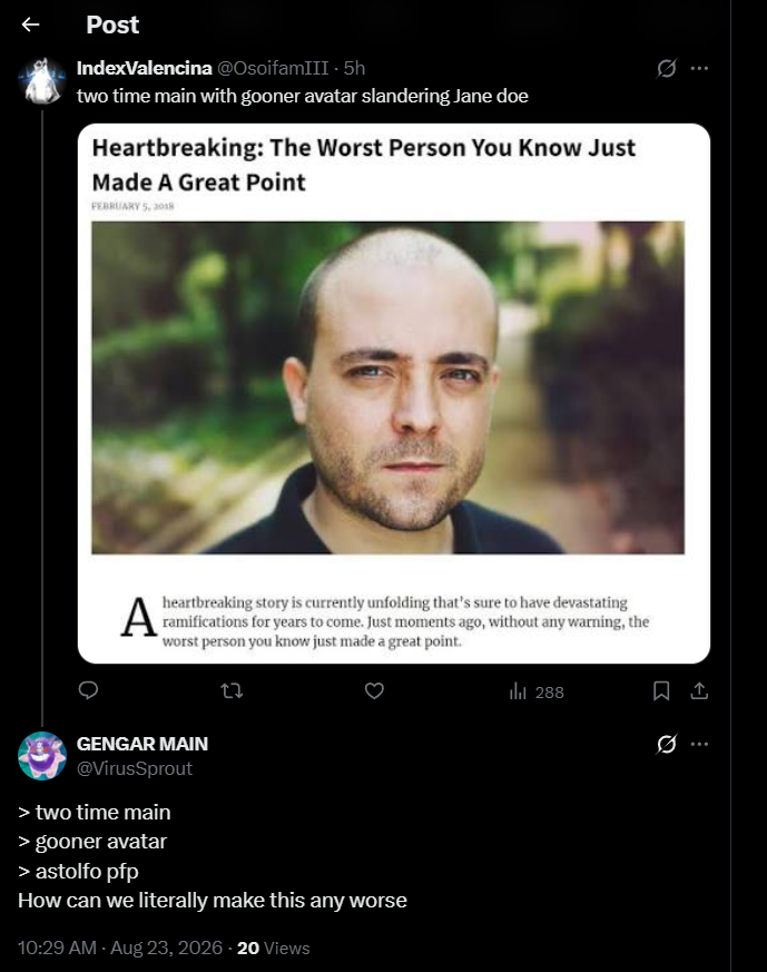 mylkora's tweet photo. the "gooner avatar" in question:

yall are genuinely stupid as fuck https://t.co/XKtTKmnQ0r