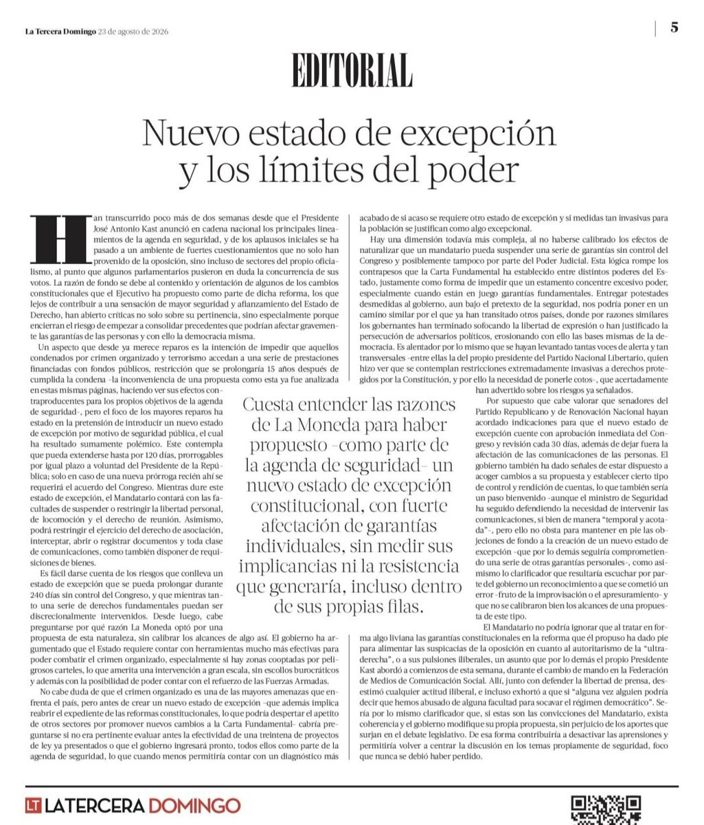 RodRettig's tweet photo. Hoy la editorial de La Tercera no se guardó nada frente a la reforma de Kast y sus riesgos para las libertades y los límites del poder.

Enhorabuena, @latercera. https://t.co/eBmyZ3opeJ