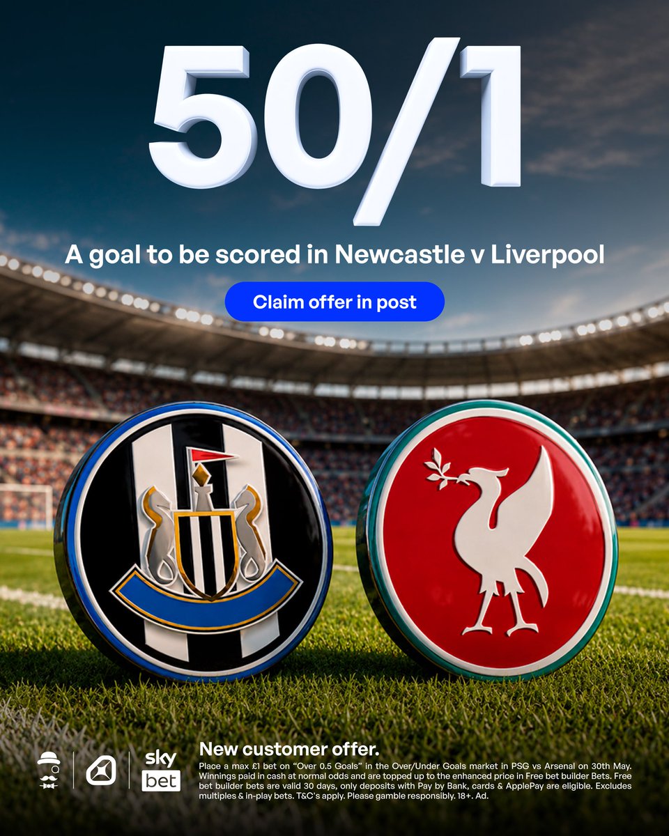 AndyRobsonTips's tweet photo. Just a reminder of two great offers before the lineups and Cheat Sheet.

⚡️ Get 50/1 for a goal to be scored in Newcastle v Liverpool if you join Sky Bet.

Claim here: https://t.co/NZsu1TmVIq

Once you're set up, place £1 on Over 0.5 Goals to qualify.

18+, T&amp;Cs Apply. Ad. https://t.co/9hcjeuuDU7