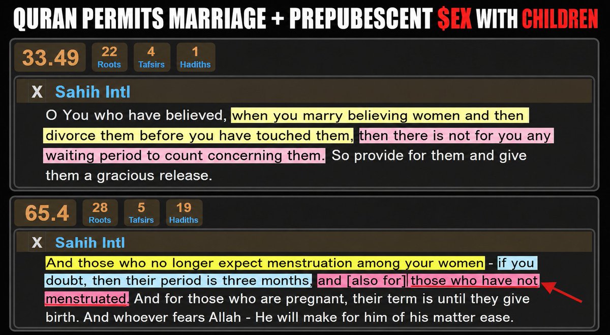 Jay_49erTikTok's tweet photo. 👉Clip 2- Classical consensus statement
👉Clip 3 - "They were refuted later" [bonus: @muslimorthodoxy under the bus] 
👉Clip 4 - Al-Shāfiʿī and non-pubescent girls

The key supporting argument is Qur’an 33:49: a woman divorced before consummation has no waiting period. Therefore, if 65:4 gives a waiting period to girls who have not menstruated, classical jurists concluded that the verse contemplates marriages involving consummation before menstruation.