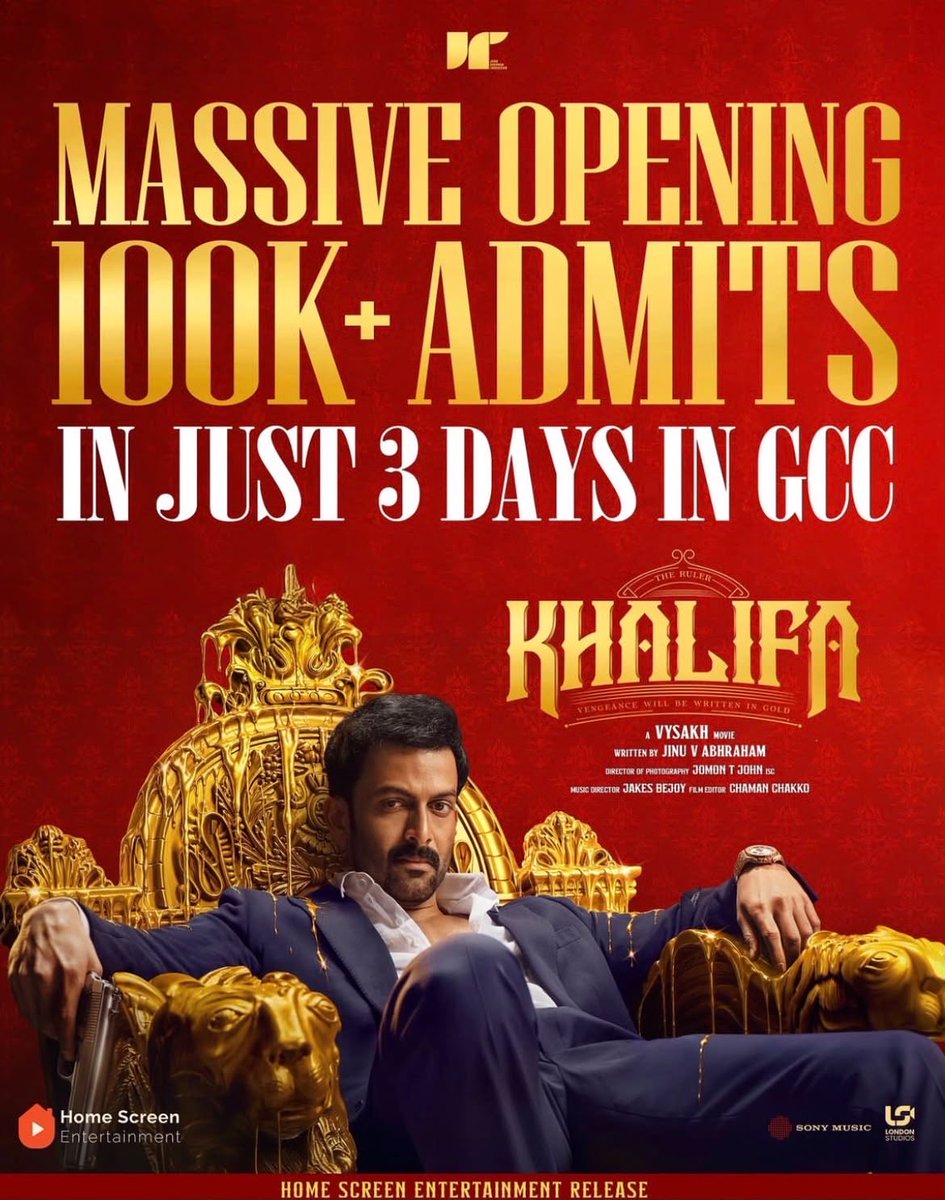 AbGeorge_'s tweet photo. #PrithvirajSukumaran’s #Khalifa records 100K+ Admits In Middle East, Within Just 3 Days.

Release through @homescreenent https://t.co/g4jHcsc1pM