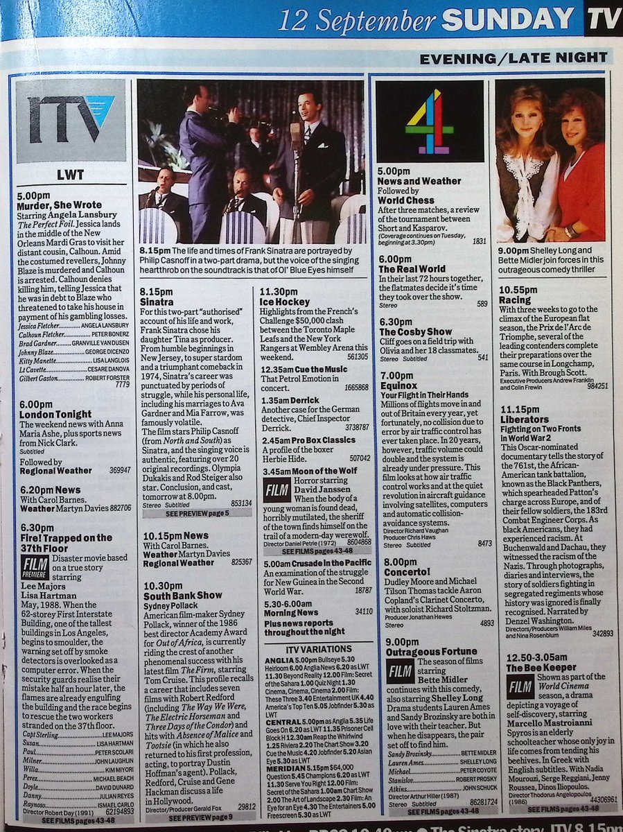 TvDidYouSee's tweet photo. #OnThisDay 12 September 1993 📺TV Listings
Trouble on the field trip in #GrangeHill.
Long before Supernanny, Nanny Smith dishes out advice in NANNY KNOWS BEST.
#RogerLloydPack guests in LOVEJOY.
An authorised account of SINATRA.
#AlecGuiness and #LaurenBacall in A FOREIGN FIELD. https://t.co/ShIAOnPGP5