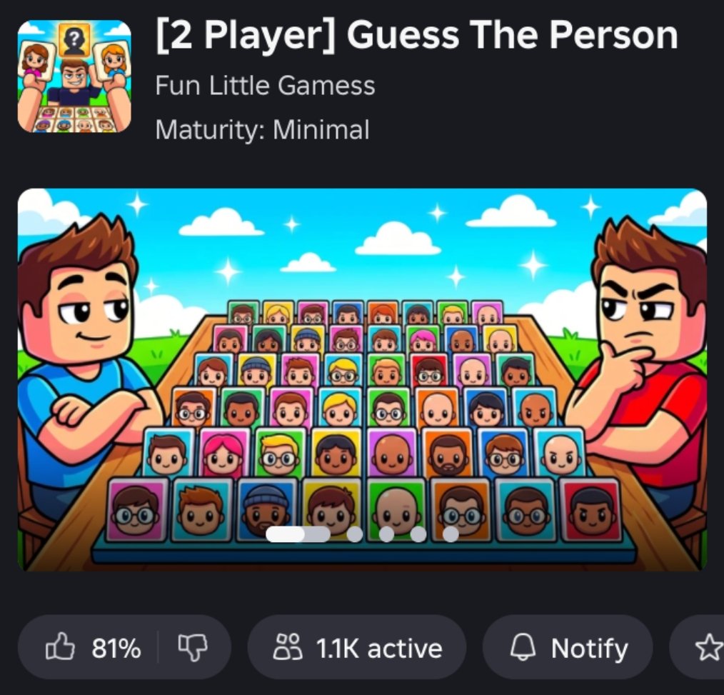 IDKStats's tweet photo. Guess The Person has been rising on Roblox recently

In the game, you have to choose someone and keep it a secret from the other player

You can play with another player or a bot https://t.co/ukOtjbrPax