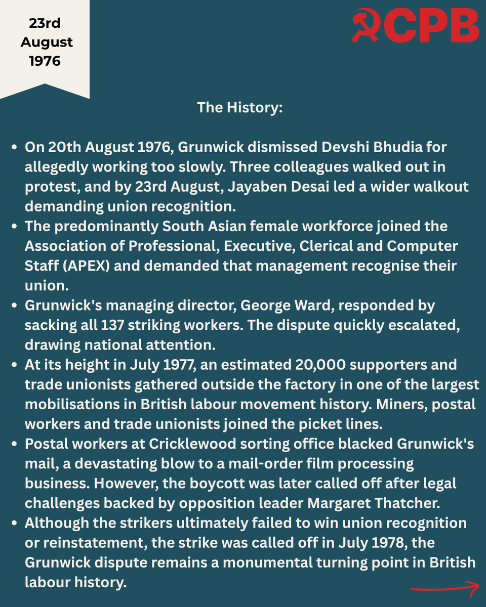 CPBritain's tweet photo. Fifty years ago today, Jayaben Desai led her workmates out of Grunwick and into the history books. Not for a pay rise but for the right to be treated as human beings. For union recognition. For dignity.

At its peak, 20,000 workers; white, Black, Asian, male, female, stood shoulder to shoulder on that picket line. They didn't win the factory that time. 

But they won something the bosses can never take away: they proved that migrant women are not prey, they are lionesses. 

The same bosses who sneer at "unviable" industries, who split us by race and passport, who call us "unskilled" while we carry their profits, they haven't changed. Neither have we.

Join the Communist Party because the fight isn't over. 

It's just waiting for us to pick it up again.

🔗 https://t.co/Xz650k5EFw