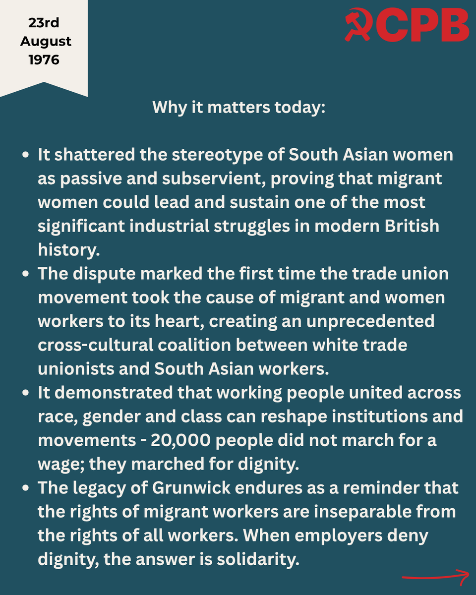 CPBritain's tweet photo. Fifty years ago today, Jayaben Desai led her workmates out of Grunwick and into the history books. Not for a pay rise but for the right to be treated as human beings. For union recognition. For dignity.

At its peak, 20,000 workers; white, Black, Asian, male, female, stood shoulder to shoulder on that picket line. They didn't win the factory that time. 

But they won something the bosses can never take away: they proved that migrant women are not prey, they are lionesses. 

The same bosses who sneer at "unviable" industries, who split us by race and passport, who call us "unskilled" while we carry their profits, they haven't changed. Neither have we.

Join the Communist Party because the fight isn't over. 

It's just waiting for us to pick it up again.

🔗 https://t.co/Xz650k5EFw