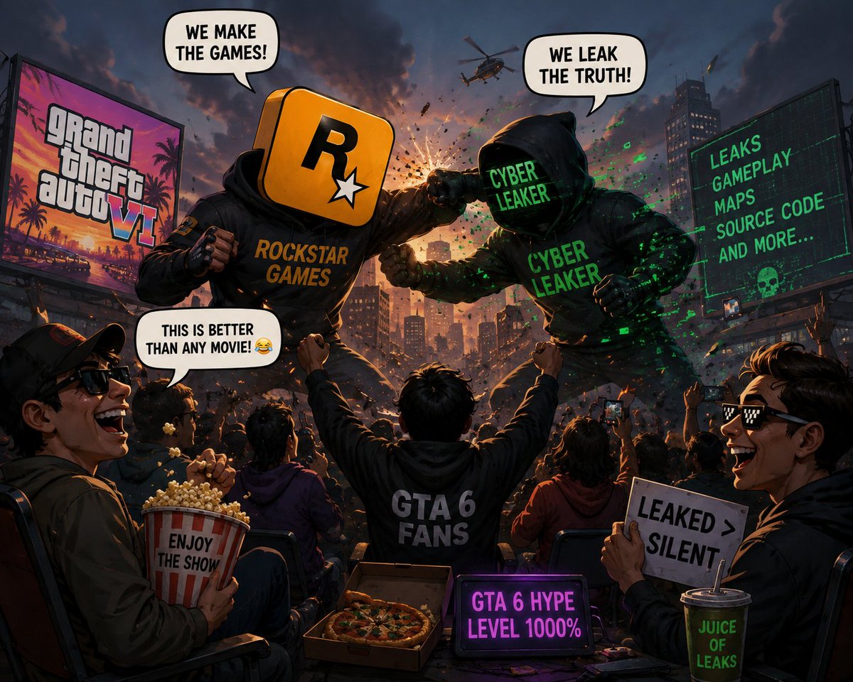 TechNewsPlusX's tweet photo. Rockstar vs CyberLeaker: the battle nobody asked for 😂💀

Meanwhile GTA 6 fans: 🍿👀
“Don’t stop… this is better than a movie.” 😭

We’re not choosing sides.
We’re just here for the entertainment. 😂

#GTA6 #GTAVI #RockstarGames #CyberLeaker https://t.co/JzKOopG1EI