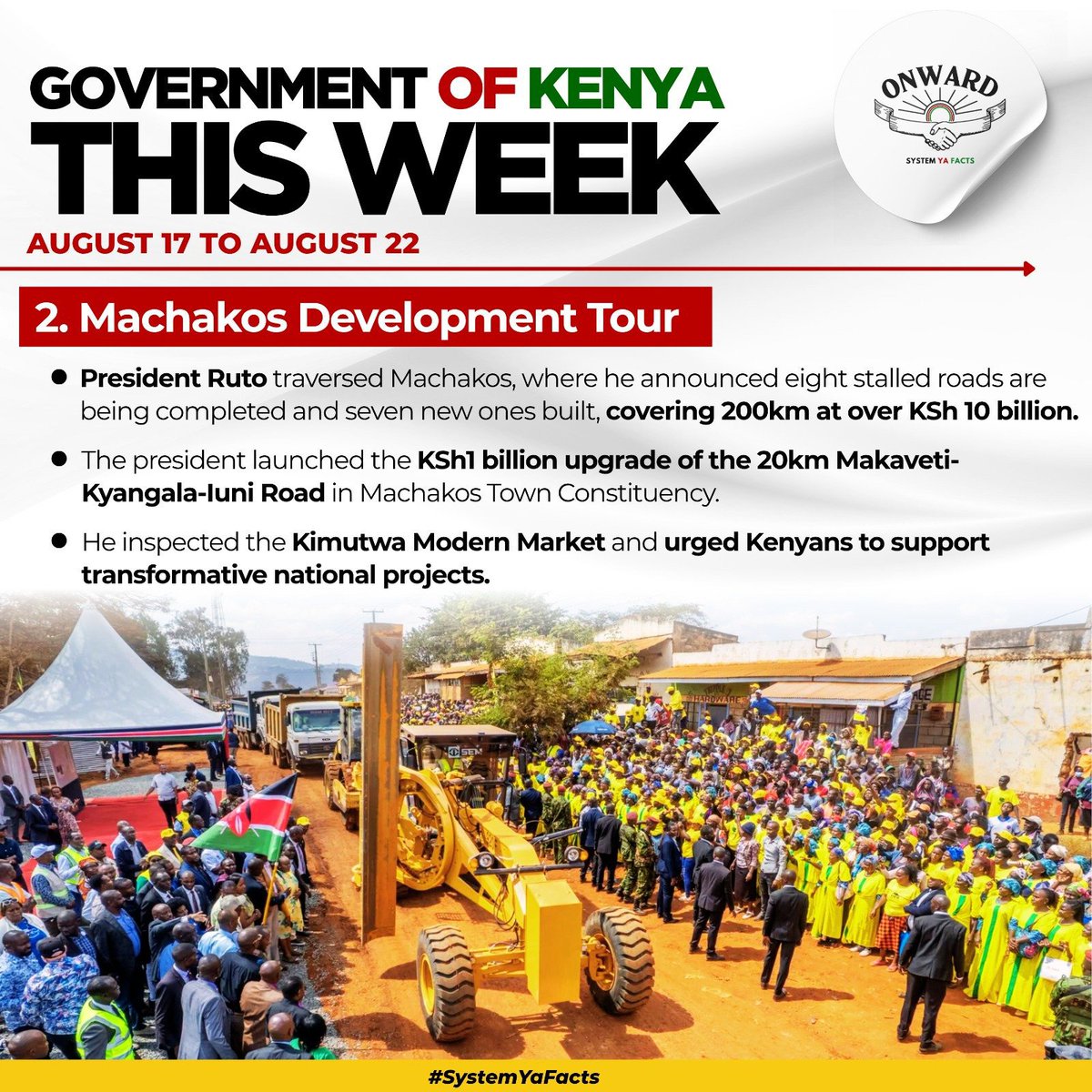 sang94133's tweet photo. President Ruto’s Machakos tour highlighted major infrastructure plans, including 200km of road projects worth more than KSh10B and the KSh1B Makaveti-Kyangala-Iuni Road upgrade this week. #GOKThisWeek Forging Onwards. https://t.co/AQZ3oeI9WQ