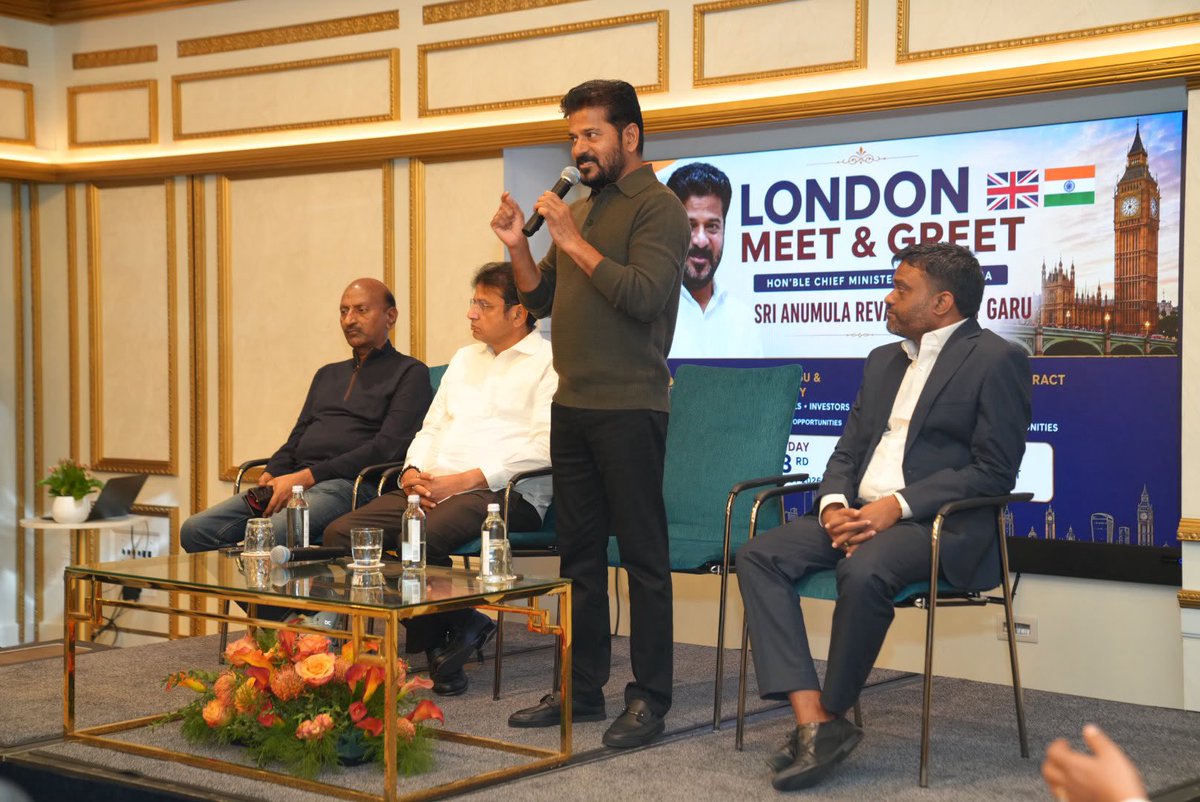 revanth_anumula's tweet photo. It was a pleasure to interact with the vibrant Telugu diaspora in #London this morning, along with my Cabinet colleague, Industries & IT Minister D. Sridhar Babu garu.

I invited our diaspora to be strong proponents and ambassadors of #TelanganaRising and to actively contribute to Telangana’s journey towards becoming a global economic and innovation powerhouse.

Our bond with the Telugu community across the world is a great strength for #Telangana. Together, we can take Telangana Rising to the world and bring the world closer to Telangana.