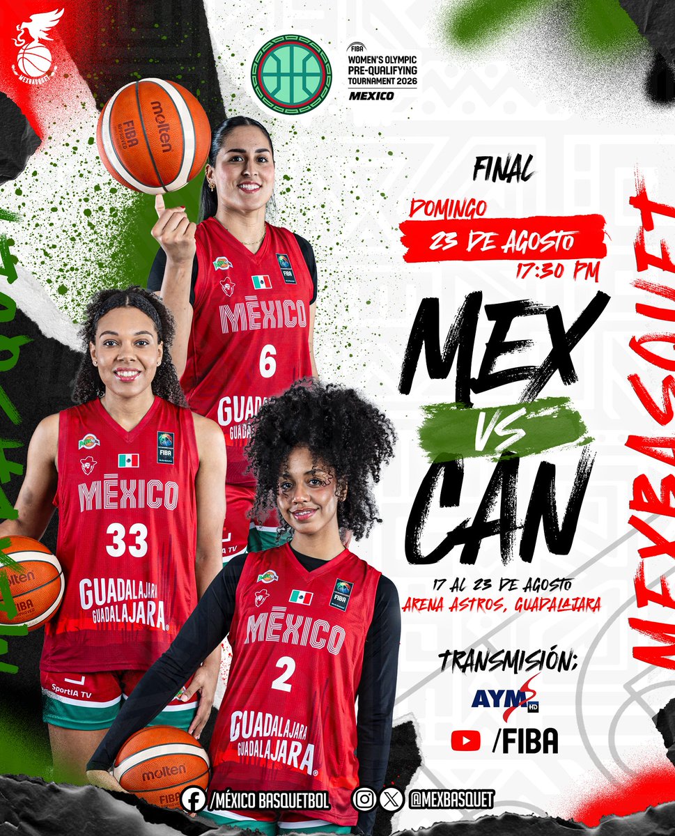 mexbasquet's tweet photo. #MexBasquet 🇲🇽🏀 ¡HOY HAY JUEGO! ¡HOY HAY FINAL! 

La selección mexicana buscará su pase a los Clasificatorios Olímpicos rumbo a @LA28. 

📍 Arena @AstrosJalisco 
🎫 @boletomovil 
📺 @AYMsports | @DAZN | YT @FIBA https://t.co/QcTUdt0uGx