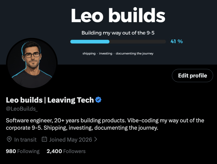 LeoBuilds_'s tweet photo. 2,400 of you now!

Yesterday I moved the progress bar from 37% → 41%

At this rate I’ll need to update it again soon.  Thank you 💙 https://t.co/1Lza0Lf4cq