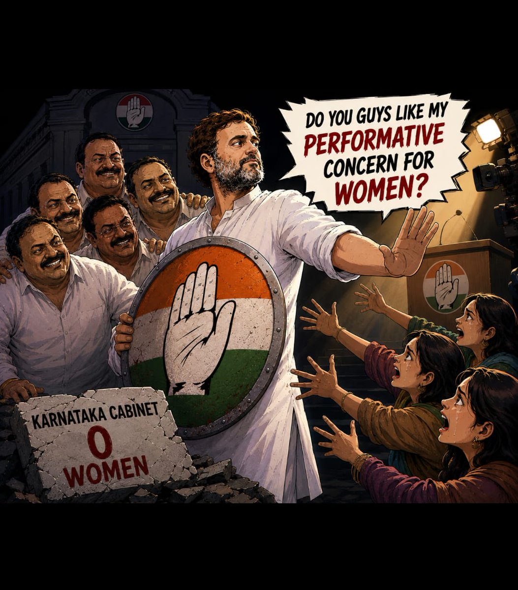 BJP4India's tweet photo. RaGa: “Smash the patriarchy! Women are India’s biggest strength!”

Meanwhile, his Karnataka government: 0 women in the entire Cabinet.

𝐏𝐞𝐫𝐟𝐨𝐫𝐦𝐚𝐭𝐢𝐯𝐞 𝐟𝐞𝐦𝐢𝐧𝐢𝐬𝐦, 𝐚𝐭 𝐢𝐭𝐬 𝐟𝐢𝐧𝐞𝐬𝐭. 🎭 https://t.co/1hQX7sSo0z