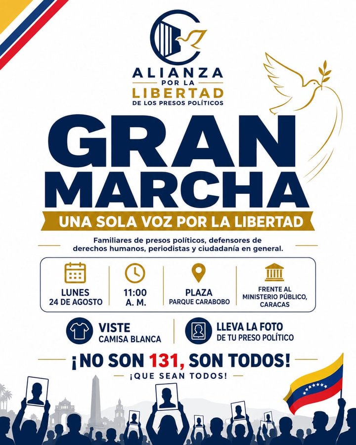 ElNacionalWeb's tweet photo. #23Ago | Este lunes 24 de agosto se llevará a cabo una marcha por la libertad de los presos políticos en Caracas 🇻🇪. La actividad quedó denominada Gran Marcha Una Sola Voz Por La Libertad 🗣.                                                                                                                                                       ㅤ
La convocatoria está pautada para las 11:00 de la mañana ⏰. Mientras que el punto de encuentro será la plaza Parque Carabobo 📍, ubicada frente a la sede principal del Ministerio Público en Caracas.                                                ㅤ
La alianza instó a los ciudadanos que deseen participar en esta actividad a ir vestidos con una camisa blanca ⚪️. Además, pidió a los familiares llevar la fotografía 📸 de su pariente que siga detenido por razones políticas en el país.

📹Cortesía: @AlianzaLPP

🔗Lee este y otros artículos en nuestra página web: https://t.co/sLu81IIgdT