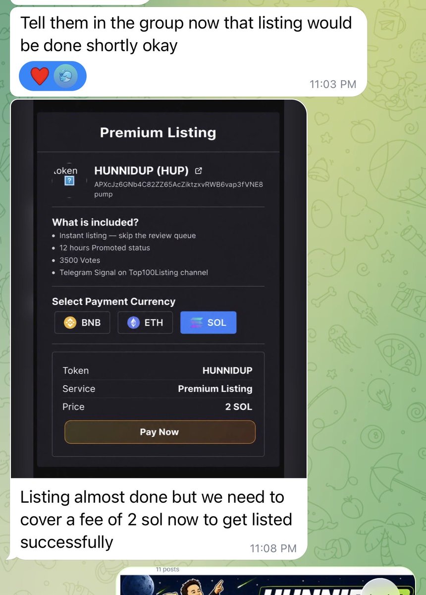 HUNNIDUPsol's tweet photo. 🚨 WHAT JUST HAPPENED TO ME WHILE BUILDING $HUP

It started while I was live and working on HUNNIDUP ($HUP).

Someone joined the chat asking if the dev was active. He said he had ideas and suggestions that could help push the project to a much bigger market cap, and asked if I was serious about building and not rugging the community.

Since I’m trying to find the first real people to build $HUP with, I listened.

We moved the conversation to Telegram.

He then talked about helping with a token listing and sent me a screenshot of a “Premium Listing” page showing HUNNIDUP ($HUP), promoted status, votes, and other benefits.

Then he told me:

“Listing almost done but we need to cover a fee of 2 SOL now to get listed successfully.”

Earlier in the conversation, there was also a suggestion to connect a wallet using a seed phrase or private key.

That was a major red flag.

When I later asked for my $HUP tokens to be returned, the conversation quickly changed.

Eventually, I got this reply:

“Bro gtfo.”

I’m sharing this because I want other new devs and community builders to be careful.

Never share your seed phrase.
Never share your private key.
Never trust a listing service just because of a screenshot.
Never send funds only because someone promises exposure or a listing.

HUNNIDUP will keep building step by step, with transparency and community first.

KEEP IT HUNNID. KEEP IT UP. 🚀🟢