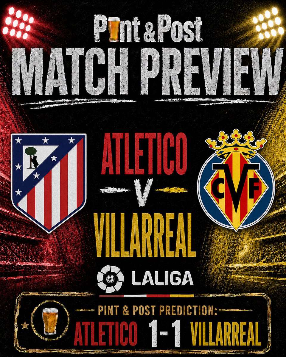PintandPost's tweet photo. ⚽ MATCH PREVIEW: ATLÉTICO MADRID v VILLARREAL

Interesting.

We’ve got the teams.

And Atlético’s XI has made this considerably less straightforward than it looked an hour ago. 🍺🇪🇸

🔴⚪ ATLÉTICO MADRID

They started with a 2–0 win over Málaga, although both goals came late and the attack wasn’t exactly purring.

Today Simeone has made some big calls.

Julián Álvarez and Álex Baena are both on the bench.

Instead, Lee Kang-in and Ademola Lookman lead the attack, with Hjulmand, Koke and Rodrigo Mendoza involved in midfield.

That’s still a good side.

But it isn’t Atlético at full attacking strength.

🟡 VILLARREAL

And Villarreal haven't turned up to admire the Metropolitano.

Nicolas Pépé, Alberto Moleiro, Ayoze Pérez and Georges Mikautadze all start.

There’s proper threat there.

They finished above Atlético last season and opened this campaign with a 2–2 draw against Racing, so they’ll fancy exposing any early-season rust.

👀 WHAT WE’RE WATCHING

Whether Atlético miss a proper No.9.

Lookman can absolutely hurt Villarreal, but without Álvarez or Sørloth starting, this has a slightly makeshift feel.

And Villarreal’s front four is good enough to punish them.

🔮 PINT & POST PREDICTION: ATLÉTICO 1–1 VILLARREAL

I was leaning Atlético before seeing the teams.

Now?

Much less convinced.

Villarreal have enough going forward to make this bloody awkward.

1–1.

And Simeone staring angrily towards Álvarez on the bench by about minute 63 feels entirely possible. 😂🍺

Atlético? Villarreal? What are you going for? 👇

🕓 16:00 BST