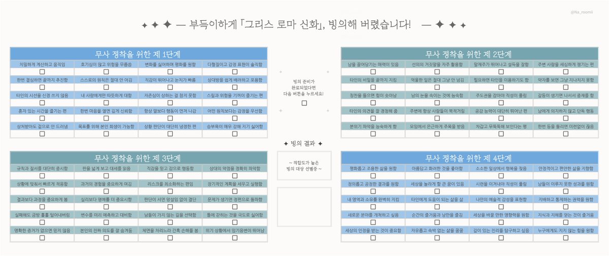 Na_roomii's tweet photo. #체크리스트 부득이하게 「그리스 로마 신화」, 빙의해 버렸습니다!

캐릭터와 어울리는 그리스 로마 신은? 👑
총 40개의 결과가 있으며 짧은 설명이 함께 나옵니다!

💚 해당 체크리스트는 일정 기간 무료 배포된 뒤 소액 결제 유료로 전환됩니다! (~2026-08-25 00:00)

https://t.co/NqTjtE7w9o https://t.co/mRIGr6OKKZ