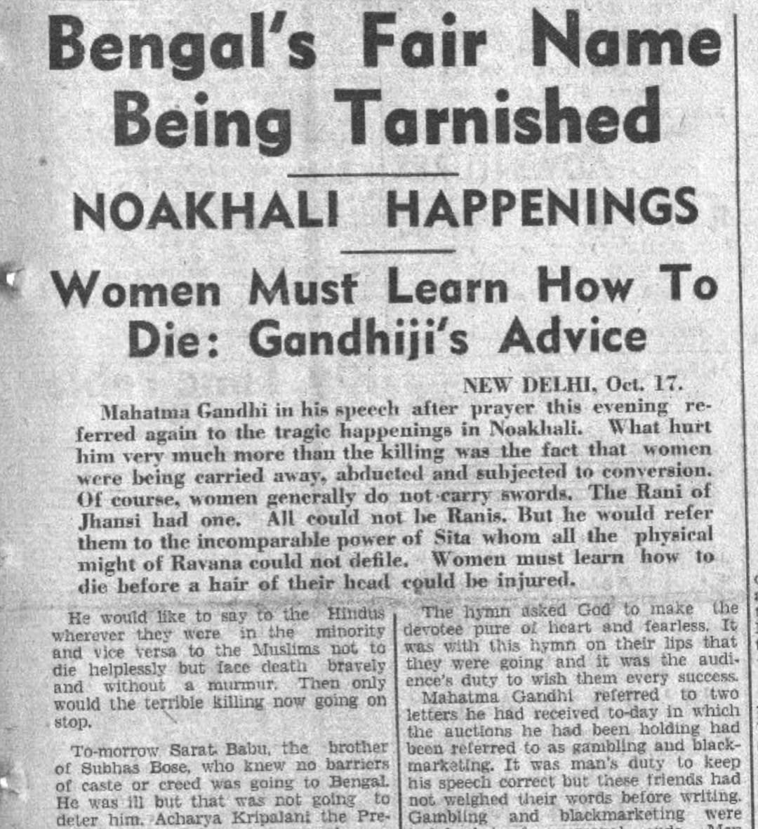 IndiaHistorypic's tweet photo. 1946 :: Lawlessness In Noakhali and Tipperah 

On Noakhali Situation Mahatma Gandhi Says Women Must Learn How to Die Before a Hair of Their Head Could be Injured https://t.co/Oa4yKoyxQ0