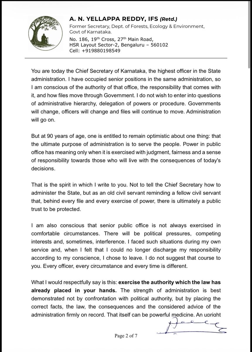 Tejasvi_Surya's tweet photo. When Shri Yellappa Reddy sir, a 90 year old who has dedicated his entire life to protecting Karnataka’s forests, parks and soil, and who has served as Secretary of the Department of Forests, Ecology and Environment, speaks out, we must listen.

I sincerely hope the administration and leadership of the Government of Karnataka will pay heed.

A provision allowing up to 5% of a Park or Garden’s total area to be alienated through sale, lease, gift, exchange, mortgage or otherwise is seriously concerning.

Our parks, forests, and natural spaces belong to the people of Karnataka. They are not simply assets to be transferred or monetised. Once we compromise these spaces, we may not get them back.

This is about what kind of Karnataka we want to leave behind for the next generation.

@DKShivakumar
@krishnabgowda
@SS_Mallikarjun
@shalinirajnish 

1/2
