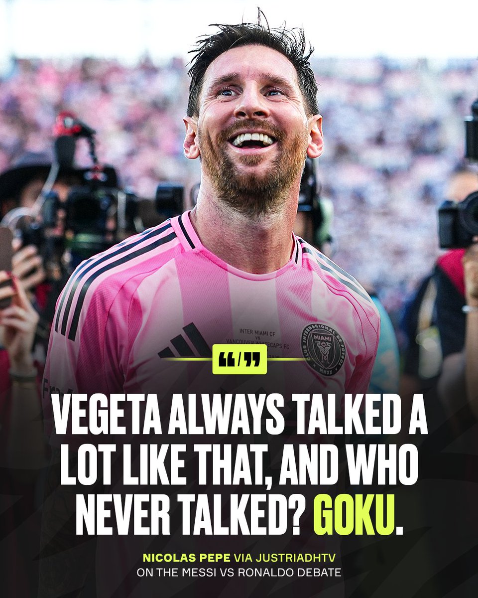 OneFootball's tweet photo. A reminder of when Nicolas Pépé weighed in on the Messi/Ronaldo debate with an all-timer comparison 😳😂

The Villarreal winger likened Cristiano Ronaldo to Dragon Ball Z's Vegeta, the one who always talks too much, whilst comparing Lionel Messi to Goku, the quiet one who's always one step ahead 👀