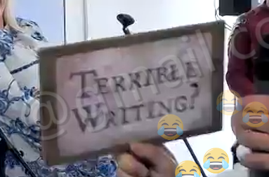 nautheduke's tweet photo. I'M CRYINGGGG, the host said about killing off characters, AND ROB PULLED OUT THIS SIGN 😭😭😭😭 https://t.co/mcVnUVkR2s