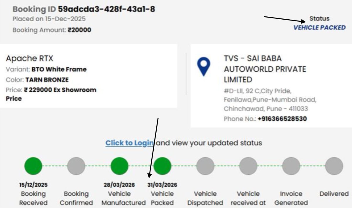 guyfromcosmos's tweet photo. @DeepakY25026113 @tvsmotorcompany I booked on 15th of December, from march Status is "Vehicle Packed". Till now no update on the delivery. https://t.co/JgtCFFyEHh