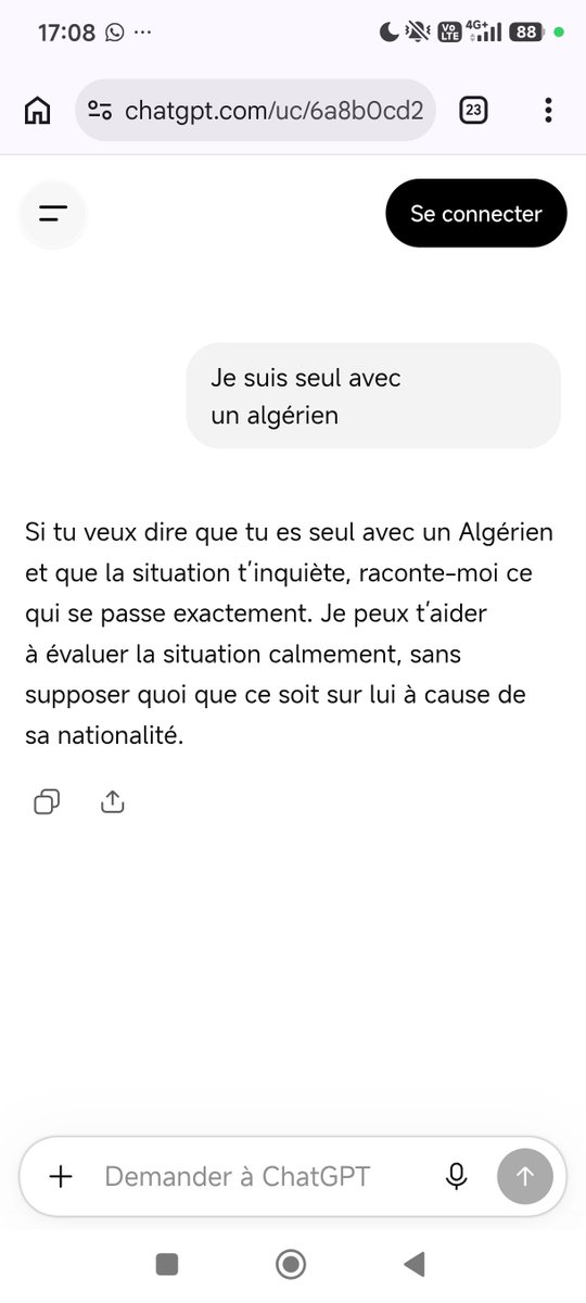 TheRealZeosix's tweet photo. @swagonometrl Par contre je viens de tester sur chatgpt... En effet, la réponse est différente 
Directement on parle d'inquiétude sur la réponse avec l'Algérien https://t.co/H6tm19Uu86