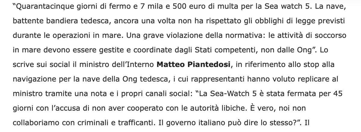 vitalbaa's tweet photo. Piantedosi finge di dimenticare che più e più volte i giudici gli hanno già dato torto sulla questione "obbligo delle ONG di collaborare con la Libia".

Non si può imporre alle navi di soccorso di collaborare con il centro di coordinamento libico, perché ciò significa contribuire a riportare i naufraghi in Libia, che non è un luogo sicuro. E il diritto internazionale lo vieta.
