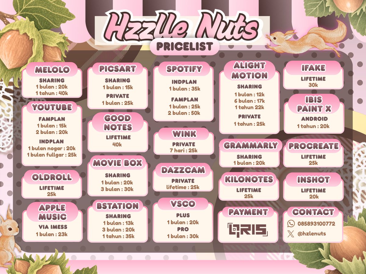 hzlenuts's tweet photo. @limeren_ceee hii kak 🐿️🎀 kebetulan aku jual juga nihh! kalau berkenan boleh cek pricelist aku yaa 🫧

mau tanya-tanya dulu juga bolehh, langsung DM atau chat WA aku yaa 💌
https://t.co/YwPrRQzhd6

𐙚 ada loyalty card juga♡ https://t.co/5Tvn7yVSmb