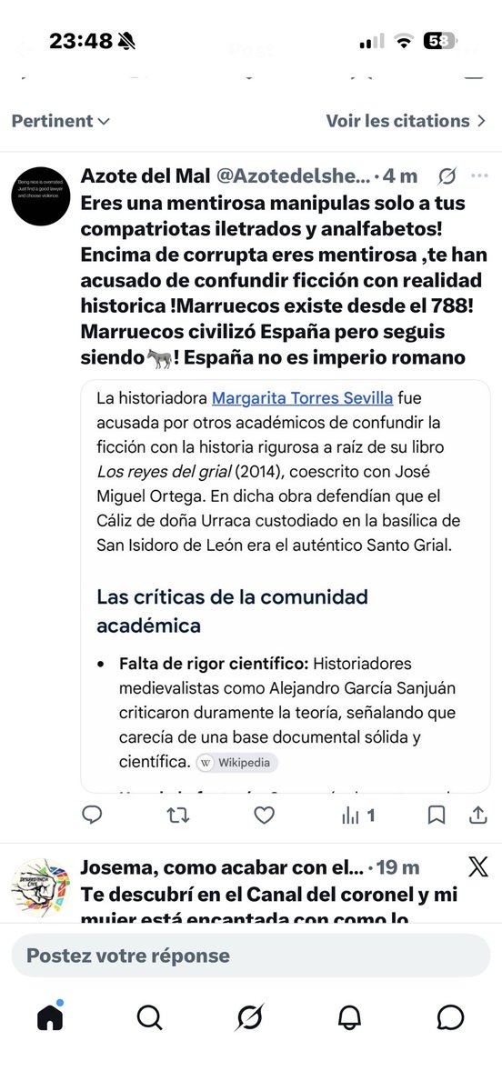 Azotedelsheytan's tweet photo. @Lahcenhaddad @WinstonSmi15178 Estan repitiendo como loros eso porque el coronel @geoestratego agente del CNI hizo un video con la charlatana MargaritaTorres que me tiene bloqueada haciendo esa confusión y manipulando a los españoles! Ella  ha sido acusada de corrupción y de confundir la ficción con historia https://t.co/G9rhMmIyYl