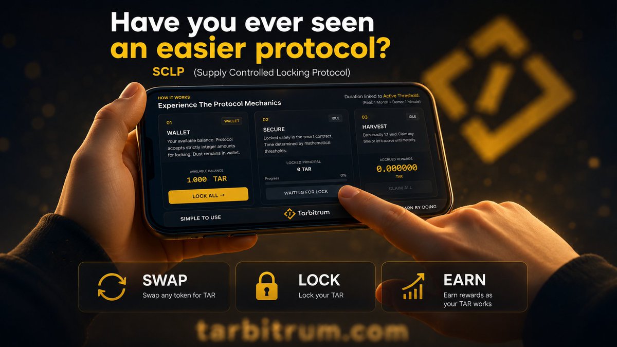 Tarbitrum_com's tweet photo. ⚡️ Have you ever seen an easier protocol?

Meet SCLP — Supply Controlled Locking Protocol. 🔐

No complicated mechanics.
No unnecessary steps.

🔄 SWAP → Get TAR
🔒 LOCK → Secure your TAR
📈 EARN → Let your position work

Everything designed around one simple idea:

Simple mechanics. Controlled supply. Transparent rules. 🟡

The journey starts here. 👀🚀

#Tarbitrum #SCLP #Crypto #DeFi #Web3