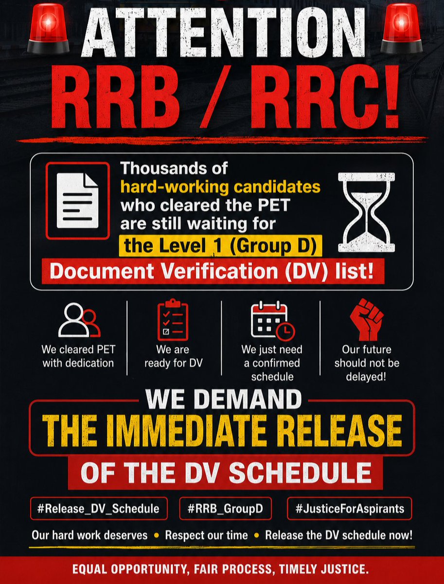 InsightCCAA's tweet photo. 🚨 ATTENTION RRB / RRC! 🚨
Thousands of hard-working candidates who cleared the PET are still waiting for the Level 1 (Group D) Document Verification (DV) list! 📄⏳

We demand the immediate release of the DV schedule @RailMinIndia @AshwiniVaishnaw https://t.co/Xl1Hns3jz7