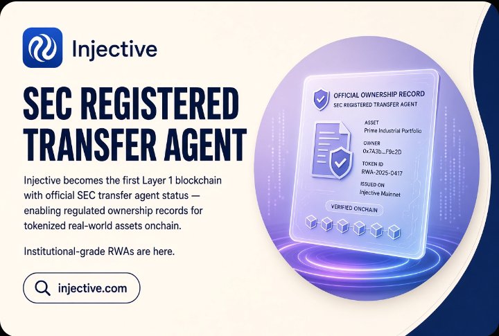BigAnyebs's tweet photo. In regular finance, every stock or fund has an official ownership record.  

A transfer agent is the legal scorekeeper that keeps that record. It decides who gets dividends and who can sell.  

@injective now has that regulated scorekeeper in its ecosystem.

A thread 👇 https://t.co/KL8b3GFxWq