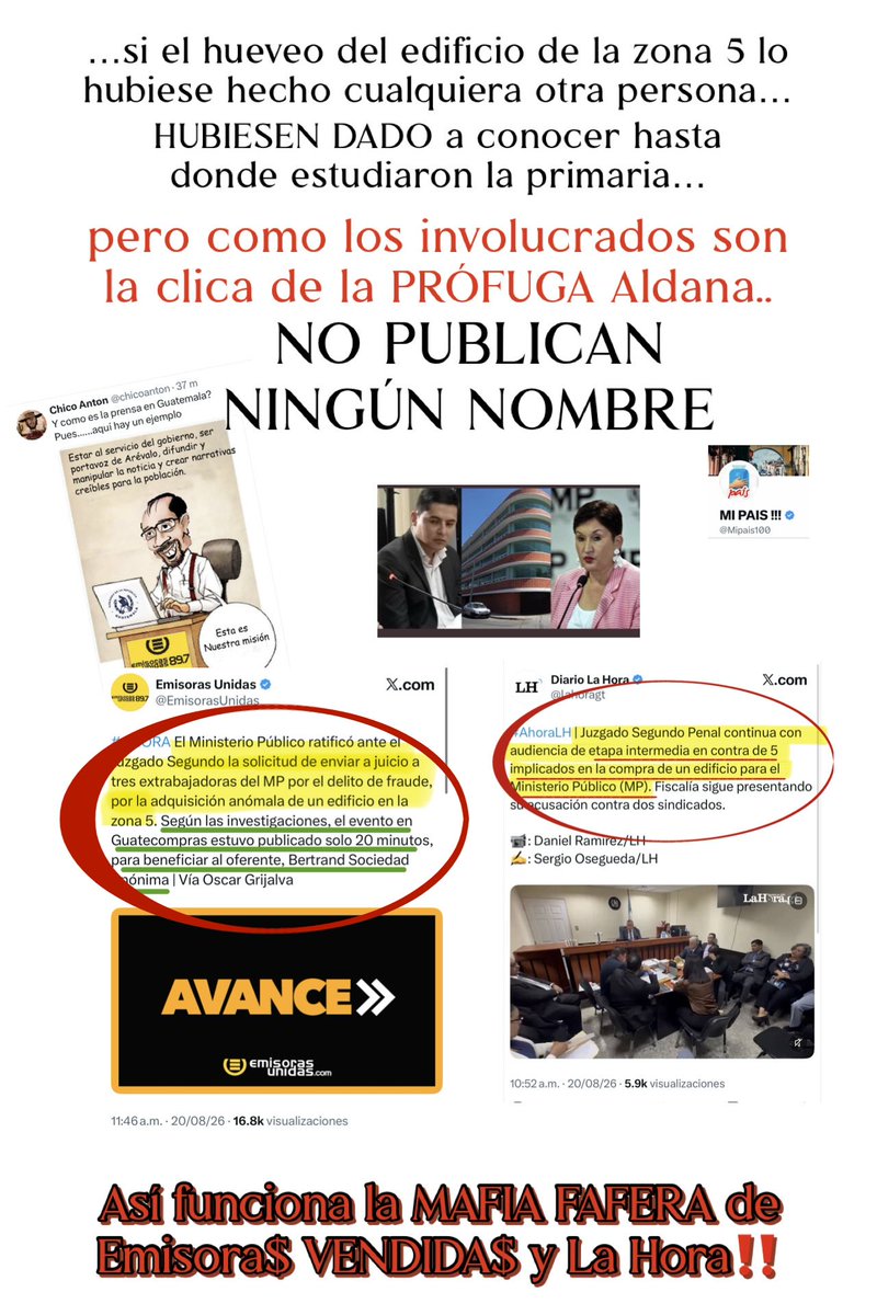 Mipais100's tweet photo. ASÍ FUNCIONA la 
MAFIA de FAFEROS 
de Emisora$ VENDIDA$
y los nefastos Marroquín 
de La Hora‼️

En sus publicaciones sobre el
hueveo del edificio de la zona 5
que hizo la PRÓFUGA Aldana, 
se ABSTIENEN de publicar los
nombres de los actores del
FRAUDE‼️

Según Emisora$ VENDIDA$
y La Hora, creen que con NO
publicar los nombres de quienes
participaron en el “bizne” a los 
guatemaltecos se NOS OLVIDARÁ 
quienes son los protagonistas del
hueveo‼️

Si hubiese sido la compra del
edificio en la administración de
Consuelo Porras, TODOOOOSSS
los FAFEROS que encabezan 
La Hora, Emisora$ VENDIDA$,
y FAFA-Libre, estuvieran publicando 
hasta las más mínima identificación 
de los involucrados, pero como el
hueveo fue en la época de la PRÓFUGA 
Aldana, entonces NO PUBLICAN ningún 
nombre para “PROTEGERLOS”‼️

Así es el “periodiZmo” en Waremala‼️

PD
Recordatorio para el fiscal de la 
IMPUNIDAD que fue puesto por
Bernardo (el del FRAUDE):

La Cicig y la PRÓFUGA Aldana 
enviaron al bote al hijo y hermano 
de Jimmy Morales acusados de
FRAUDE por Q 180 mil.
Como le irá hacer el Bernardo y
su fiscal para defender o anular
un FRAUDE de Q 35 MILLONES⁉️
(ni aunque los FAFEROS oculten  
los nombres en sus publicaciones)